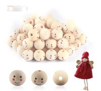 Perles en bois naturel avec visage, perles à enfiler de 20mm, boules en bois avec visage pour la décoration DIY Macramé, perles d'artisanat, avec 1 x cordon élastique en cristal