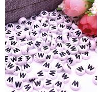 Perles pour lettres, 30 pièces, 4x7 mm, blanc avec noir, rond, lettre W