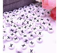 Perles pour lettres, 30 pièces, 4x7 mm, blanc avec noir, rond, lettre X
