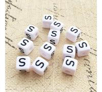 Perles pour lettres, 30 pièces, 6x6 mm, blanc avec noir, carré, lettre S