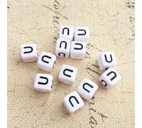 Perles pour lettres, 30 pièces, 6x6 mm, blanc avec noir, carré, lettre U