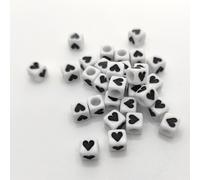 Perles pour lettres, 30 pièces, 6x6 mm, blanches avec noir, carrées, cœur