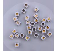 Perles pour lettres, 30 pièces, 6x6 mm, blanches avec or, carrées, cœur