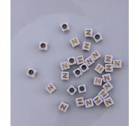 Perles pour lettres, 30 pièces, 6x6 mm, blanches avec or, carrées, lettre N