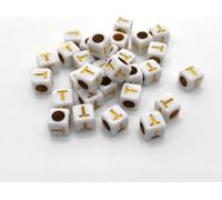 Perles pour lettres, 30 pièces, 6x6 mm, blanches avec or, carrées, lettre T
