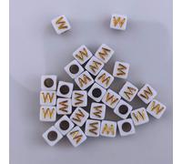 Perles pour lettres, 30 pièces, 6x6 mm, blanches avec or, carrées, lettre W