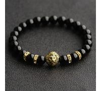 Perles Rondes en Pierres précieuses Naturelles de 8 mm, Perles Faites à la Main, Bracelets pour Hommes et Femmes, Bijoux - Tête de Lion dorée + Pierre Noire