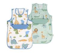 PERLETTI Bavoir de Sevrage Bebe sans Manches - Tablier Imperméable avec Bavette Amovibles en Silicone - Bavoir à Manger Enfant Fille Garçon 6 Mois 1 2 3 4 Ans Lavable Réutilisable (Bleu + Vert)