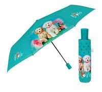 PERLETTI Parapluie Femme Pliant Automatique Motif Rayé Pois Fleur - Ombrelle Dame Incassable Compact Anti Retournement - Parapluie Mini Petit Pliable - Diamètre 96 cm (Turquoise avec Chiots)