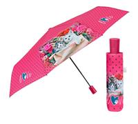 PERLETTI Parapluie Femme Pliant Automatique Motif Rayé Pois Fleur - Ombrelle Dame Incassable Compact Anti Retournement - Parapluie Mini Petit Pliable - Diamètre 96 cm (Rose avec Chatons)
