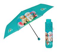 PERLETTI Parapluie Pliant pour Femme avec Ouverture Manuelle - Parapluie Plegable Compact Résistant au Vent - Mini Ombrelle Fille Petit Solide - Diamètre 97 cm (Turquoise avec Chiots)