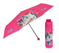 PERLETTI Parapluie Pliant pour Femme avec Ouverture Manuelle - Parapluie Plegable Compact Résistant au Vent - Mini Ombrelle Fille Petit Solide - Diamètre 97 cm (Rose avec Chatons)