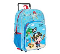 PERLETTI Sac a Dos Enfant avec Roues Imprimé Pirate - Sac à Dos Bleu avec Chariot Détachable et roulettes Léger pour Garçon - Petite Cartable Portable Résistant pour Voyage - cm 36x25x15 (Pirate)