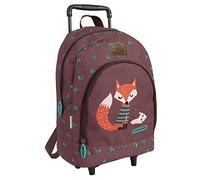 PERLETTI Sac à Dos Enfant avec Roues Imprimé Renard Hérisson Ecole Maternelle - Sac à Roulettes Fille Garcon Léger Détails Réfléchissants - Cartable Brun Haute Qualité pour Voyage - 36x25x15 (Renard)