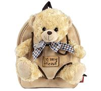 PERLETTI Sac à Dos Peluche Nounours pour Enfant 3 4 5 Ans - Cartable Mignon et Doudou Teddy Bear École Maternelle - Sacoche Douce Teddybear pour Tout Fille Garçon - 21x27x9cm (Ours Beige avec Noeud)