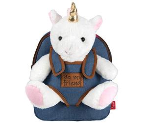 PERLETTI Sac à Dos Peluche pour Enfant 3 4 5 Ans - Mini Cartable Mignon de Voyage et Doudou Animal pour École Maternelle - Petit Jouet Doux et Sacoche pour Petite Fille Garçon Bébé - 21x27x9 cm