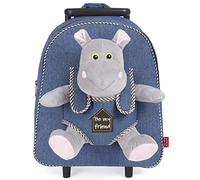 PERLETTI Sac à Roulette Scolaire Maternelle et Peluche Douce Enfant 3 4 5 Ans - Mini Sac à Dos avec Roues et Animal Doudou Amovible Fille Garçon - Sacoche Garderie avec Jouet - 29x32x11 cm (Hippo)