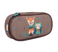 PERLETTI Trousse Scolaire Enfant Fille Imprimé Biche et Hibou - Etui à Crayon Beige avec Feuilles Fermeture à Glissière Unique Garcon - Trousse École Maternelle Primaire Pratique - 5x22x10 cm (Faon)