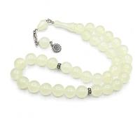 Perlin Collier de prière Tesbih phosphorescent dans le noir 33 perles œil de chat 14 mm rondes blanches vertes phosphorescentes 36 cm perles de prière islamiques Misbaha Tasbih Dhikr