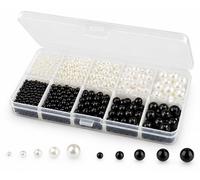 Perlin Lot de 1530 perles de cire blanches et noires - 3 mm, 4 mm, 5 mm, 6 mm, 8 mm - Avec boîte de rangement pour la fabrication de bijoux, bracelets, colliers, bricolage, décoration