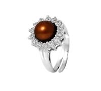 PERLINEA - Bague Véritable Perle de Culture d'Eau Douce Bouton 9-10 mm Chocolat - Taille Réglable - Argent 925 - Bijou Femme 54