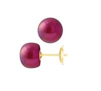 PERLINEA - Boucles d'Oreilles - Véritables Perles de Culture d'Eau Douce Boutons 9-10 mm Rouge Cerise - Or Jaune - Bijoux Femme