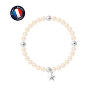 PERLINEA - Bracelet My Star - Véritable Perle de Culture d'Eau Douce Ronde 5-6 mm Rose Naturel - Câble Elastiqué - Bijoux Femme