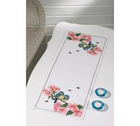 Permin Chemin de table point de croix "Blumen Meise", motif à compter, 33x87cm, 68-6119