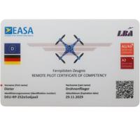 Permis de conduire de drone MJ - Avec code QR + drapeau du pays et adresse à l'arrière, preuve de compétence pour licence A1-A3, A2 ou STS de la taille d'une carte de crédit, carte en plastique avec