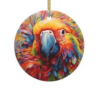 Perroquet arc-en-ciel : une décoration ronde en céramique avec une ficelle dorée, parfaite pour les décorations de fête ou les réunions de famille.