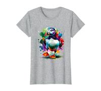 Perroquet De Mer Oiseau Macareux Coloré Splash Art T-Shirt, Femme, Gris Chiné, S
