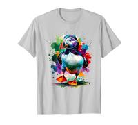Perroquet De Mer Oiseau Macareux Coloré Splash Art T-Shirt, Homme, Argent, L
