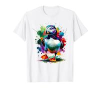 Perroquet De Mer Oiseau Macareux Coloré Splash Art T-Shirt, Homme, Blanc, 6XL