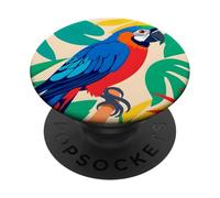 Perroquet Tropical avec Motif coloré et Feuilles de la Jungle PopSockets PopGrip Adhésif
