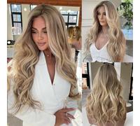 Perruque 100% cheveux vierges avec Highlights Artemis Moonbeam Couleur Balayage et Vagues de Plage 24 pouces Capuche respirante Perruques à dentelle nude 13x4 améliorée Densité 220%