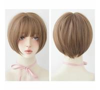 Perruque 32CM pour femme, cheveux courts, frange aérienne, marron, couverture complète de la tête, cheveux courts cassés, simulation naturelle, fibre chimique, perruque de fête, thé au miel et lin