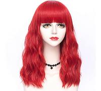 Perruque 45 Cm Halloween Anime Party Cosplay Perruque Résistante À La Chaleur Multicolore Bouclée Moyenne Dame Cheveux Synthétiques + Bonnet Gris Perruques Pour Femmes (Rouge)