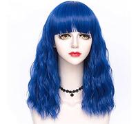 Perruque 45 Cm Halloween Anime Party Cosplay Perruque Résistante À La Chaleur Multicolore Bouclée Moyenne Dame Cheveux Synthétiques + Bonnet Gris Perruques Pour Femmes (Bleu)