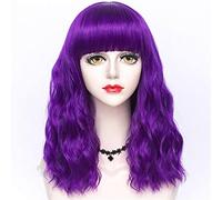 Perruque 45 Cm Halloween Anime Party Cosplay Perruque Résistante À La Chaleur Multicolore Bouclée Moyenne Dame Cheveux Synthétiques + Bonnet Gris Perruques Pour Femmes (Violet)