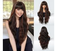 Perruque à cheveux longs bouclés de 27 pouces pour femmes avec frange Aspect naturel synthétiques ondulés chauffants Parure filet cosplay Fête Usage quotidien