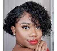 Perruque africaine bouclée femme, perruque courte bouclée noire avec raie sur le côté et frange latérale, perruque en fibre résistante à la chaleur, adaptée aux jeux de rôle quotidiens des femmes