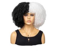 Perruque Afro Bouclée synthétique courte perruque complète pour femmes Perruque pour usage quotidien, fête et Cosplay (Noir Blanc)