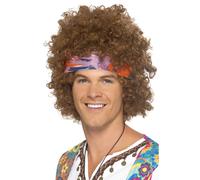 Perruque Afro Brune Hippie Des Années 60 + Foulard Instantané Costume Hippie