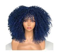 Perruque afro courte avec frange for femmes noires, perruque synthétique bouclée crépue des années 70, 180 g, densité 180 Postiche Cheveux Femme(BLUE)