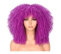 Perruque afro courte avec frange for femmes noires, perruque synthétique bouclée crépue des années 70, 180 g, densité 180 Hair Extensions Pièces Wigs(Light Purple)