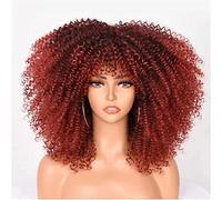 Perruque afro courte bouclée avec frange pour femme noire - 35 cm - Cheveux afro bouclés - Perruque complète synthétique - F,C