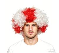 Perruque Afro Décoration Coupe du Monde Football, Couleurs Rouge Blanc, Supporter Angleterre Royaume-Uni, Taille Unique Élastique Premium, Accessoire de Fête Carnaval Unisexe pour Soirée et Match