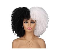 Perruque afro des années 70-80 for femmes noires, perruque synthétique courte et bouclée avec frange, idéale for une tenue de soirée au quotidien. Extensions de cheveux(Black and white)