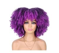Perruque afro des années 70-80 for femmes noires, perruque synthétique courte et bouclée avec frange, idéale for une tenue de soirée au quotidien. Postiche Cheveux Femme(Ombre purple)