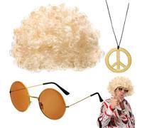 Perruque afro funky pour homme et femme - Ensemble de costume hippie - Perruque afro funky - Lunettes de soleil - Collier - Perruque hippie des années 80 - Accessoire de déguisement des années 70